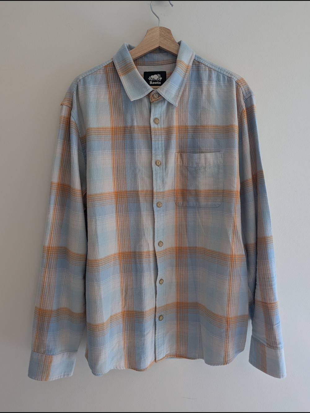 Roots Men's Light Blue & Orange Plaid Button-Up Shirt